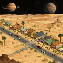 main street of a small human colony, on a remote desert planet, from a space themed point and click 2 d graphic adventure game, set design inspired by tomb raider, art inspired by thomas kinkade