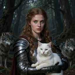 medieval female warrior, green eyes, dark forbidden forest, wolves, white cat, coherent composition by Lecouffe-Deharme, by Natalie Shau, by Kawacy