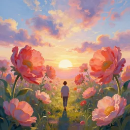 a walk among giant flowers, surreal photography, sunrise, bright light, impressionist painting, colorful clouds, digital painting, artstation, simon stalenhag