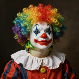 Clown Frog King, clown world, clown makeup and rainbow wig, portrait by Giuseppe Arcimboldo