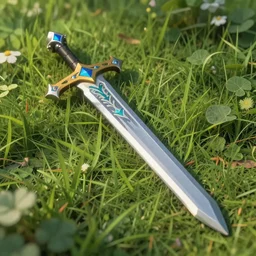 master sword from the legend of zelda laying in grass, realistic, epic lighting, 8 k, photorealistic, beautiful surroundings