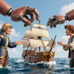 a umberto brunelleschi and tsukioka yoshitoshi 3 d render of enormous robotic hands grabbing a pirate ship in the middle of the ocean, 1 9 9 8 render