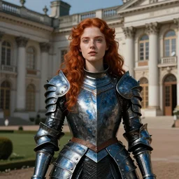 young redhead pale woman in dark and blue princess dragon armor, next to a neoclassical palace, in a scenic environment. by henriette ronner - knip, by william henry hunt, by rembrandt, by joseph mallord william turner, by konstantin razumov, concept art,