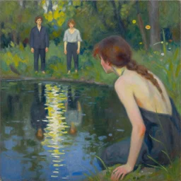 a woman looking at her reflection in a shimmering pond. painting by artgerm and greg rutkowski and ilya kuvshinov