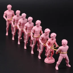 long line-up of pink powdered laocoon and his sons struggling with twisted golden wire, intertwined full body view, plastic injection mold toys, product photography, black background