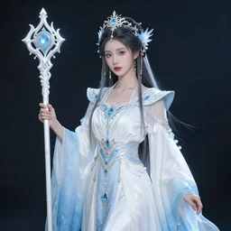 professional photograph of a real-life beautiful elemental sky witch with ornate white and blue robes and staff.  Extremely detailed. 8k