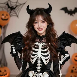 photorealistic illustration girl smiling dressed in skull and crossbones halloween costume