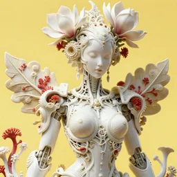 intricate hyper detailed ultra sharp focus 3 d render of a beautiful porcelain ivory seductive woman medium shot portrait, close - up, bright 3 point light, alexandre ferra georg loschner white mecha, cyberpunk mechanical haute couture huge fractal mycelum and fungi, red corals, huge magnolia goliath head ornaments, big embroidered leaves filigree sinuous roots, octane render, volumetric cinematic lighting, 8 k, yellow, vray tracing