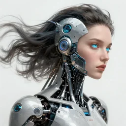 a woman turning into an Android portrait, surrealism , scifi, intricate, elegant, flowing hair, highly detailed cybernetic body, neon glowing eyes, cybernetic hardware, digital painting, artstation, concept art, smooth, sharp focus, illustration, art by Artgerm and moebius and Peter Mohrbacher