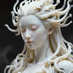 hyper detailed ultra sharp portrait of a beautiful well contoured porcelain ivory smooth fair subconscious god tendrils, up close shot, sharp focus, global illumination, radiant light, biomechanical white silver gold rhizomorphs, cyberpunk brackets, alexandre ferra white mecha, irakli nadar, alexander mcqueen, octane highly render, 4 k, ultra hd,