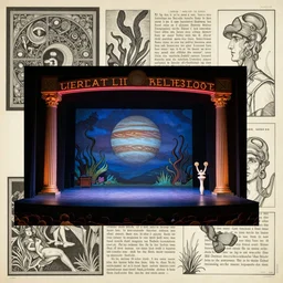 1968 cut out collage, theater stage, neon Greek, dusk on Jupiter, epic theater, deep sea ambience, aquatic plants, Jugendstil drawings, in part by Alex Grey, part by Moebius, composition William S Boroughs, written by H. P. Lovecraft