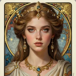 Katie Mcgrath as a Roman Goddess, beautiful detailed eyes, cute, fantasy, intricate, elegant, highly detailed, digital painting, 4k, HDR, concept art, detailed jewellery, smooth, sharp focus, illustration, art by Artgerm, H R Giger and Alphonse Mucha, tarot card