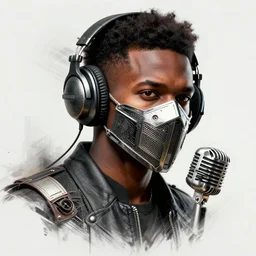 character portrait concept design guy denning, tim doyle handsome african anarchy headphones antique microphone broadcast radio face mask heroic!! sharp edges. elegant, dynamic angle, intricate highly detailed complexity, epic composition, symmetry, cinematic lighting masterpiece