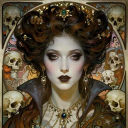 realistic detailed face portrait of young Ghostly Gothic beautiful nightmare Vampire Queen Marie Antoinette by Alphonse Mucha, Ayami Kojima, Yoshitaka Amano, Charlie Bowater, Karol Bak, Greg Hildebrandt, Jean Delville, and Mark Brooks, Art Nouveau, Pre-Raphaelite, Memento Mori, skulls, Neo-Gothic, gothic, Art Nouveau, intricate fine details, exquisite, rich deep moody colors