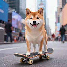 shiba inu dog skateboarding in times square