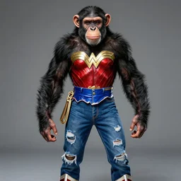 A chimpanzee human hybrid wearing Tight fighting torn blue jeans and a Wonder Woman outfit, photographed in the style of Annie Leibovitz, studio lighting, hyperreal, Creature design by Rick Baker