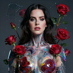 portrait of lana del rey as a cyberpunk cyborg. roses, sci - fi, missing panels, intricate abstract upper body intricate artwork, by tooth wu, wlop, beeple, dan mumford. concept art, octane render, deviantart, greg rutkowski, cinematic, key art, hyperrealism, iridescent accents