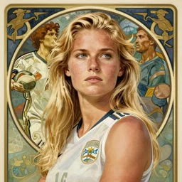 blonde danish sports woman portrait by louis - theophile hingre and alphonse mucha, realistic, sharp focus, art nouveau, smart, wisdom, power, football, strong