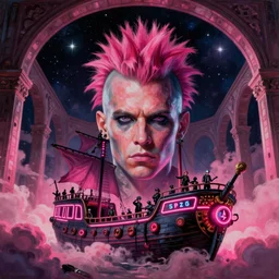 punk big beautiful face, space, dark, stars, pirate neon ship with punks on board, mohawks, neon, oil painting, pink, rich deep colors masterpiece, ultra detailed, contrast, heaven pink, lots of roman arches, punk rock with mohawks, clouds, sky, volumetric light, atmospheric lighting, dramatic, cinematic, moody, octane render 4 k, 8 k