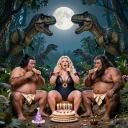 photo, three hairy neanderthal people, sumo japanese, eating outside, surrounded by dinosaurs!, gigantic forest trees, sitting on rocks, bright moon, birthday cake on the ground, birthday cap, front view, madonna in the center singing