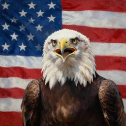 alex ross painting crying bald eagle in front of american flag, proud, heroic