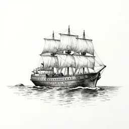 A ship on a deserted island, realism drawing on white background