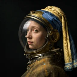 a woman's face in profile, wearing a glass space helmet with brass accents and a cloak, in the style of the dutch masters and gregory crewdson, dark and moody