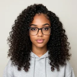 a very beautiful girl with dark complexion, long, curly, afro hair, stylistic oval black eyes, half - frame square glasses, grey hoodie opened, white t - shirt, white gloves, denim jeans, character art, cute, digital art, cartoon network, cel shaded, character art, tezuka, osamu