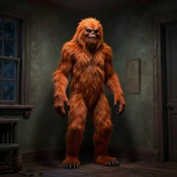 a tall and scary creature covered in orange fur standing in the corner of a room, eerie, dslr photography, scary, vintage, digital art, 3 d render, octane, night - time, corona render, character concept art