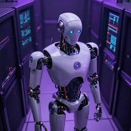 hyperrealistic medium shot robot cyborg in wires data! center server! computers! by stanley kubrick highly detailed concept art zdzisław beksinski william gibson westworld hbo cinematic low purple lighting high angle hd 8 k sharp shallow depth of field