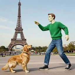 sephiroth, wearing a green jumper and denim jeans, is playing fetch with a golden retriever, in front of the eiffel tower, by pablo picasso, in a mixture of both painting and sculpture.