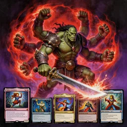 a ultradetailed painting of yidris maelstrom wielder 4 armed orc holding large blade being blast by energy, red and black purple gradient map with by karl kosinski yayoi kusama raqib shaw dancer mc escher gottfried helnwein magic the gathering card layout, fantasy illustration vibrant colors zbrush sharp focus