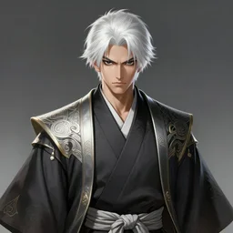 a highly detailed illustration of fierce short white haired young japanese man wearing hakama, black sclera eyes, dramatic serious pose, intricate, elegant, highly detailed, centered, digital painting, artstation, concept art, smooth, sharp focus, league of legends concept art, wlop