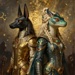 A fantasy book style portrait painting of a hybrid Jodie Comer, Anya_Taylor-Joy as a Mystical Valkyrie Reptilian-Anubis Atlantean Warrior, François Boucher, Oil Painting, unreal 5, DAZ, hyperrealistic, octane render, Regal, Refined, Detailed Digital Art, RPG portrait, William-Adolphe Bouguereau, Michael Cheval, Walt Disney (1937), Steampunk, Volumetric Golden dappled dynamic lighting, Highly Detailed, Cinematic Lighting, Unreal Engine, 8k, HD