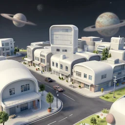 main street of a small town on an alien planet, the building are modular, from a space themed point and click 2D graphic adventure game, made in 1999, high quality graphics