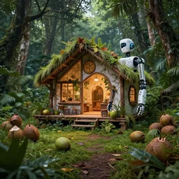 photo of a robot house in the forest with a coconut garden, intricate, detailed, dramatic lighting