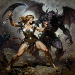 A Frank Frazetta oil painting of a muscular barbarian woman wearing armor fighting a nightmare demon , dynamic shot , HD 4k , intricate , highly detailed
