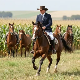 4 k, detailed photograph of sam elliot riding a stallion through a cornfield
