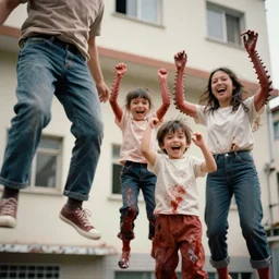 filmic extreme close up shot 3 5 mm film color photograph of a family jumping bloody pants off a building laughing with tentacle arms happy, only color results
