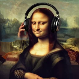 Nicola Tesla listening music with headphones in the style of mona lisa, very coherent symmetrical artwork, cinematic, hyper realism, high detail, octane render, unreal engine, 8k, Vibrant colors, Smooth gradients, High contrast, trending on artstation