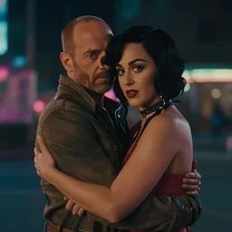 a cute shot, color cinema film still of saul goodman & katy perry embraced in blade runner 2 0 4 9, cinematic lighting at night.