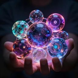 pro - vida, cosmic integration, closeup of a hand holding spheres of power, cosmic color scheme, macro up view, neon, glow, darkness, dramatic, sharp focus, octane render, imax