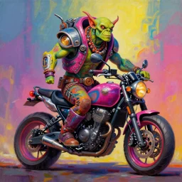 a scifi post apocalyptic orc biker character design, psychedelic vibrant colors, futuristic punk rock fashion, oil painting by michael whelan art, sharp focus, realistic, highly detailed, 8 k