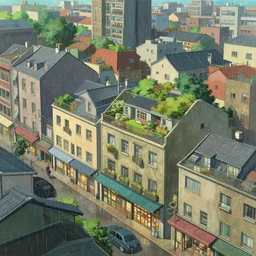 dense cityblock, ground floor shops, residential apartments, rooftop garden. rainy atmosphere. sharp focus, smooth, hd, detailed, digital painting trending on art station, studio ghibli.
