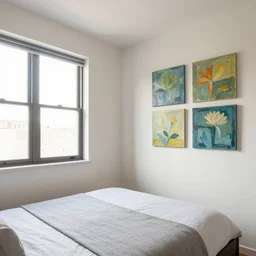 an apartment complex as seen from inside, bedroom, with four paintings on the wall, and a window to the left of the bed