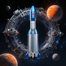 Blue V2 rocket in space, tin tin, an orange as a planet, intricate, SCI-Fi, movie poster, high detail, digital art by raphael lacoste