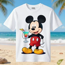 t-shirt design of mickey mouse on t-shirt drinking a cocktail on the beach superrealism 8k resolution