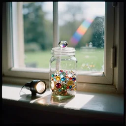 kodak portra 4 0 0, wetplate, flashlight, vivid still life portrait by britt marling of a jar is filled with sparkling jewels, near a sunlit window in a room, bright sunlight, colourful godrays shinging through the window, a english park outside, no people