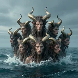 A being with seven heads and ten horns coming out of the ocean , digital Art, Greg rutkowski, Trending artstation, cinematographic, hyperrealistic