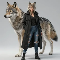 female anthropomorphic wolf / human hybrid dressed in a buttoned up black trench coat and ripped jeans trending on artstation deviantart pinterest furaffinity hyper detailed and intricate hyper maximalist hyper realistic photorealistic highlights and shadow ray traced ultra - hd 3 2 k post - processing super high resolution